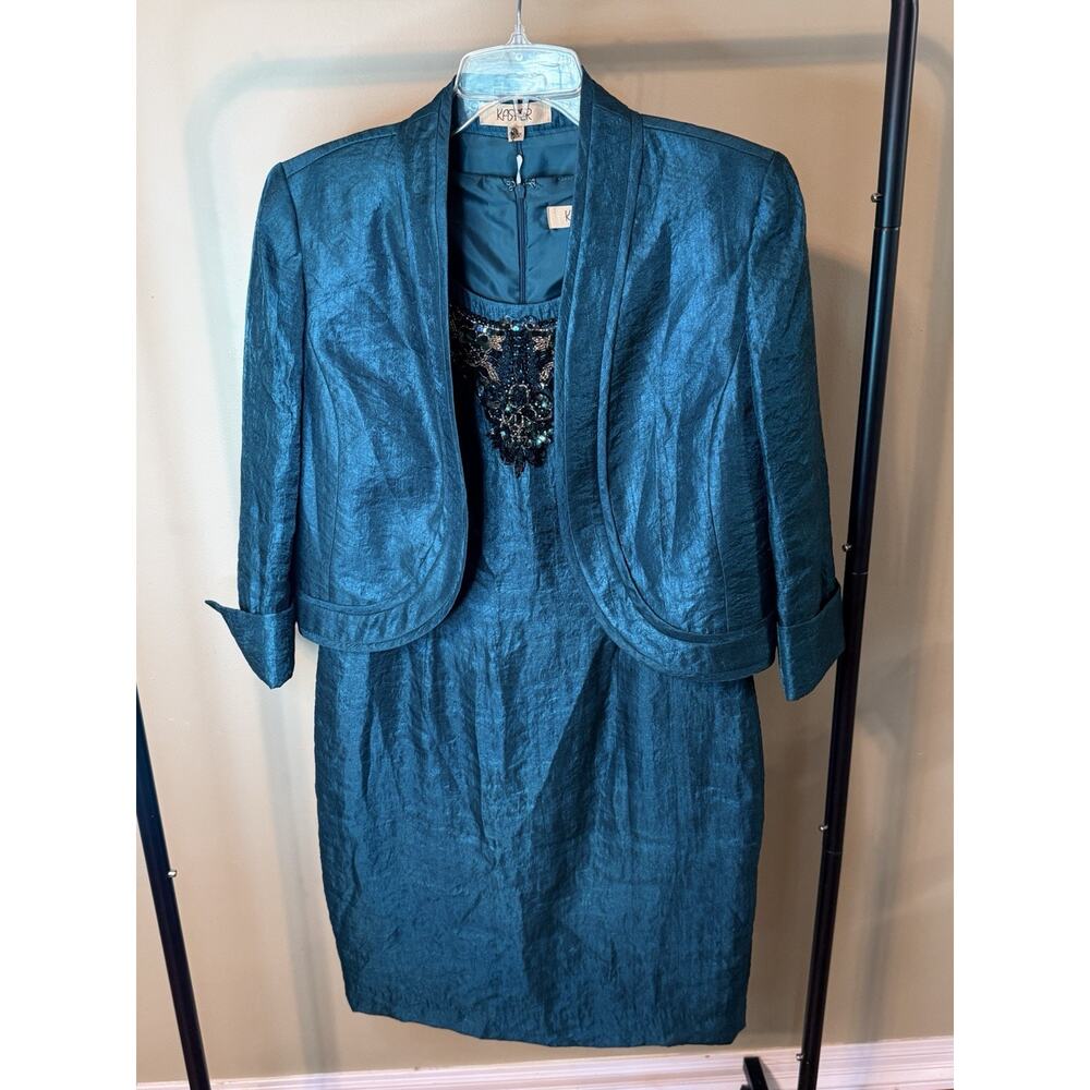 Kasper Peacock Sleeveless Dress with Beaded Top and Jacket Size 8 - Picture 2 of 11